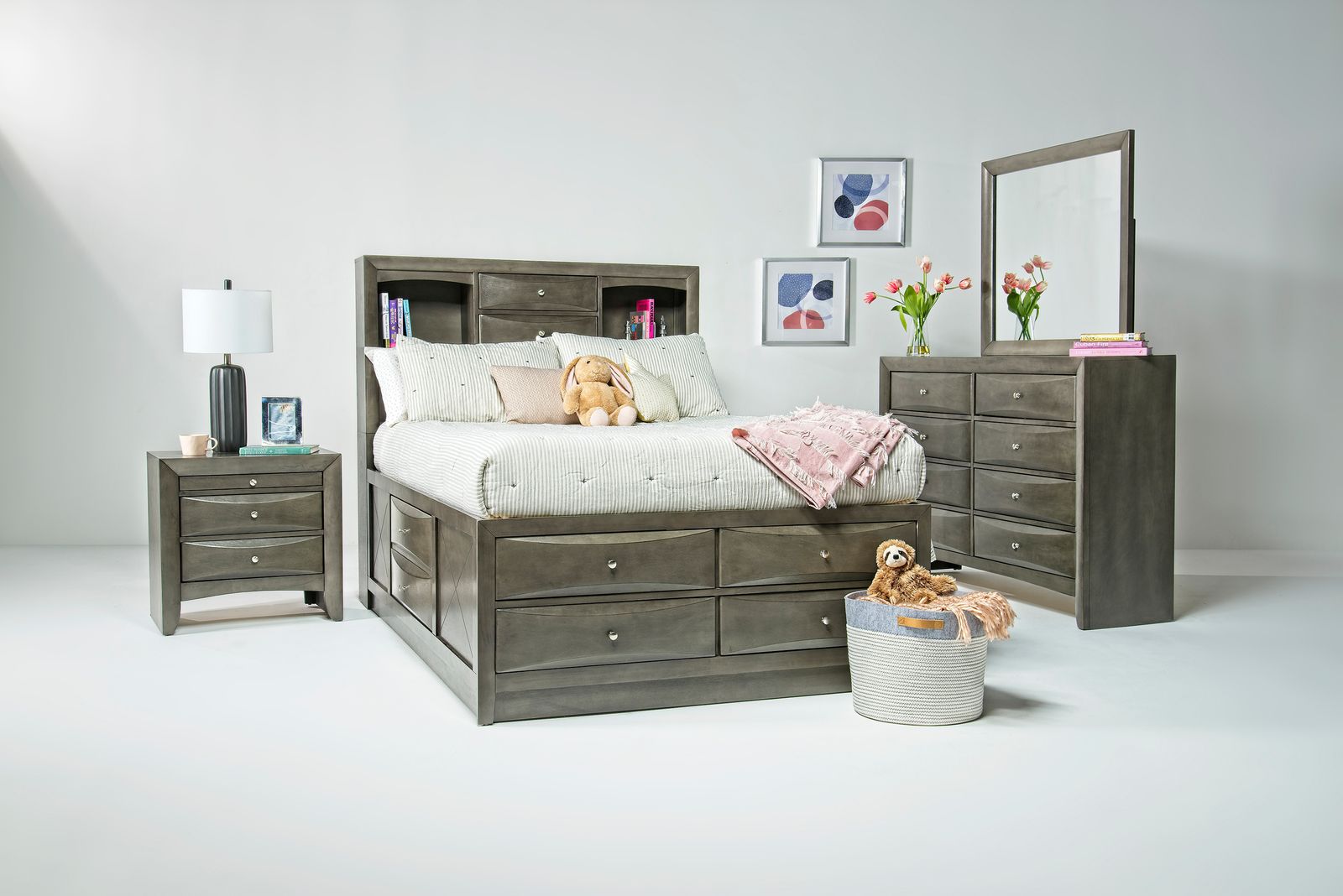 Remi Bookcase Bed w/ Storage, Dresser & Mirror in Gray, Full