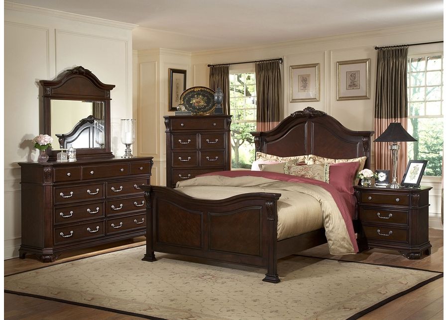 Emilie Panel Bed, Dresser, Mirror & Nightstand in Brown, CA King