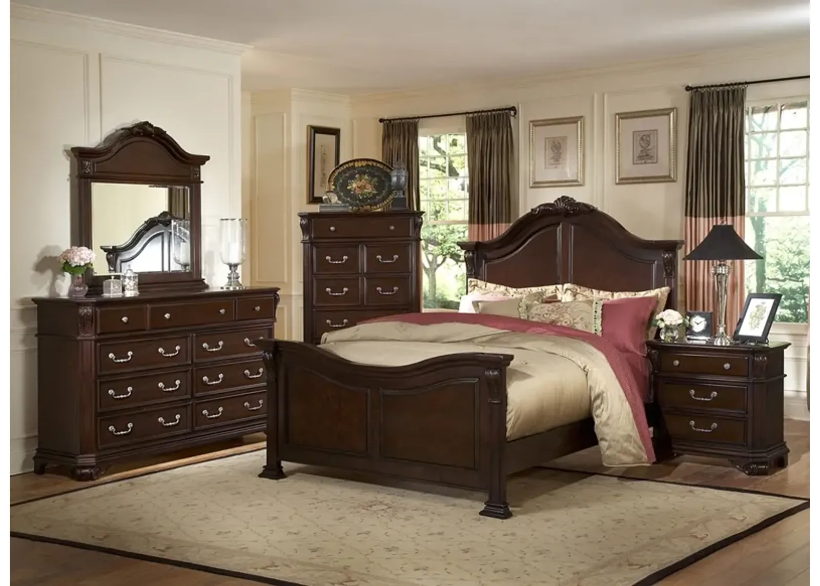 Emilie Panel Bed, Dresser, Mirror & Nightstand in Brown, CA King