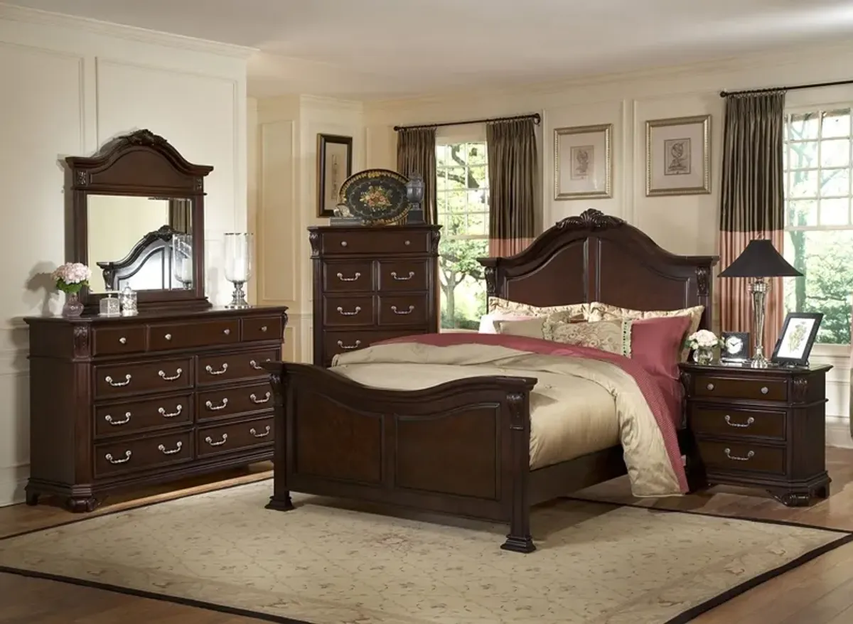 Emilie Panel Bed, Dresser, Mirror & Nightstand in Brown, CA King