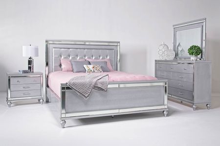 Valentino Panel Bed, Dresser, Mirror & Nightstand in Silver, CA King