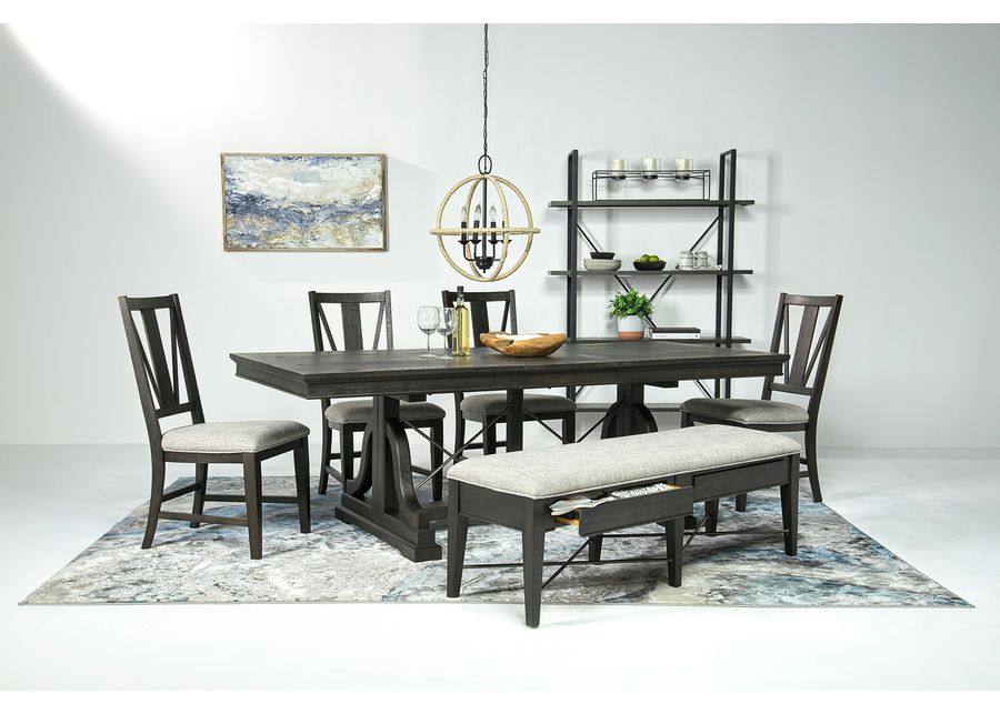 Bay Creek Extendable Dining Table, 4 V-Back Chairs & Bench in Graphite