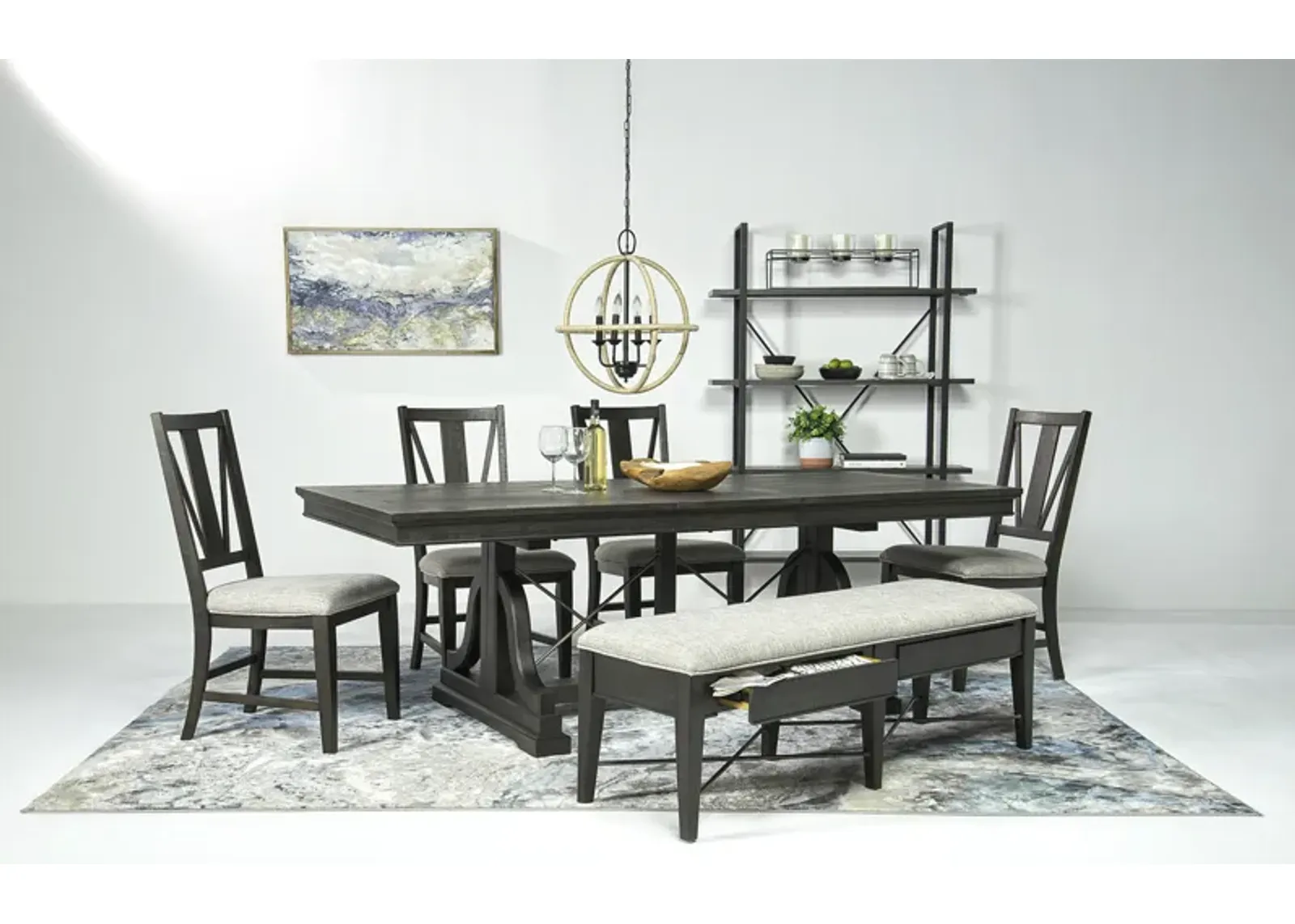 Bay Creek Extendable Dining Table, 4 V-Back Chairs & Bench in Graphite