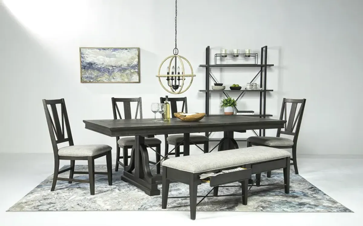 Bay Creek Extendable Dining Table, 4 V-Back Chairs & Bench in Graphite