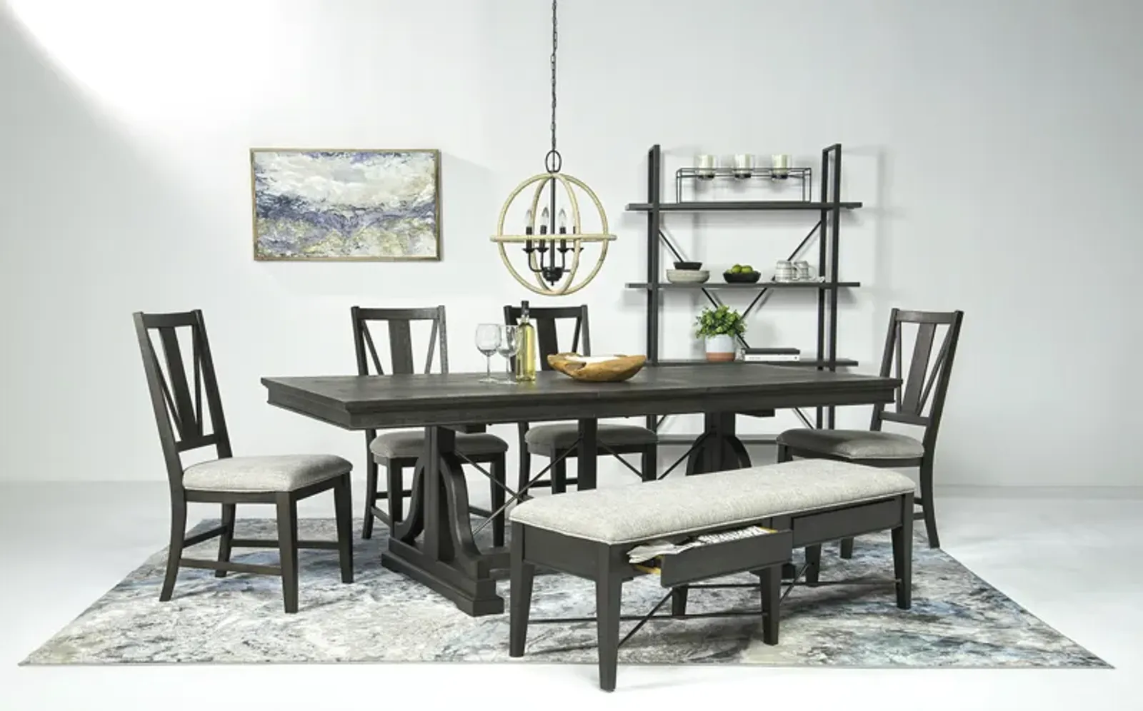 Bay Creek Extendable Dining Table, 4 V-Back Chairs & Bench in Graphite