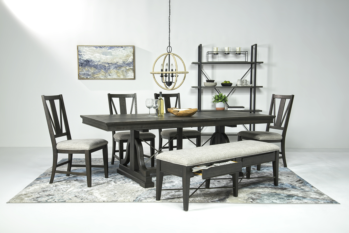 Bay Creek Extendable Dining Table, 4 V-Back Chairs & Bench in Graphite