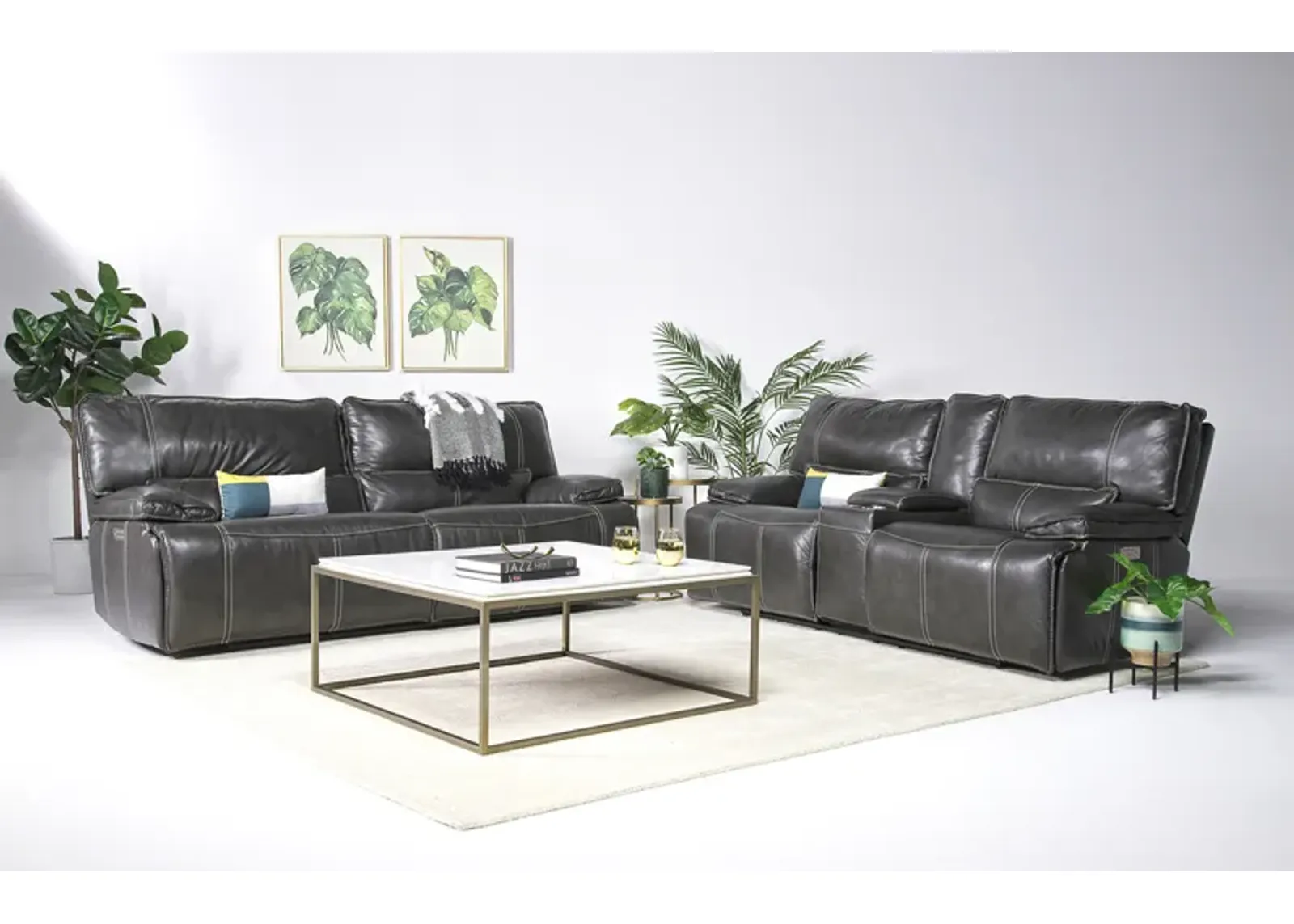 Sofia 3 Power Sofa & Console Loveseat in Gray Leather