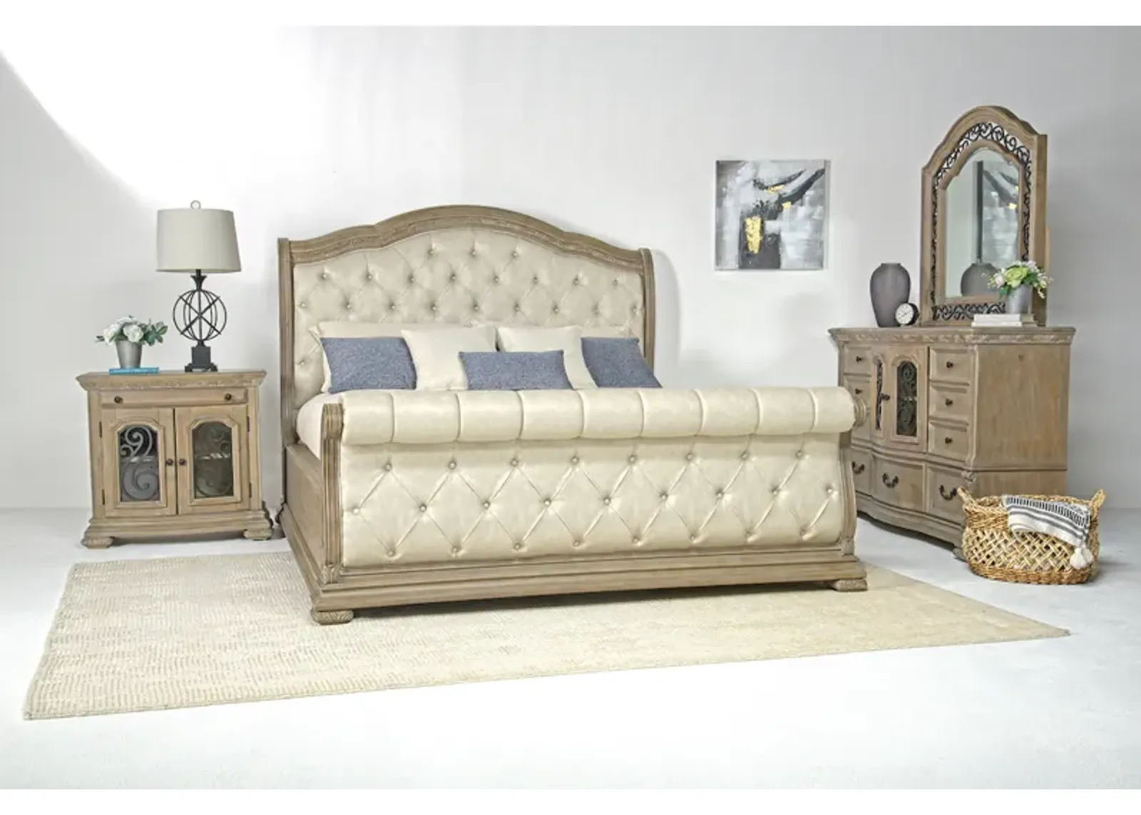 Durango Upholstered Sleigh Bed, Dresser & Mirror in Fawn, Eastern King