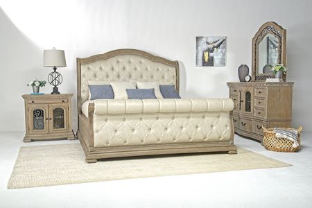 Durango Upholstered Sleigh Bed, Dresser & Mirror in Fawn, Eastern King