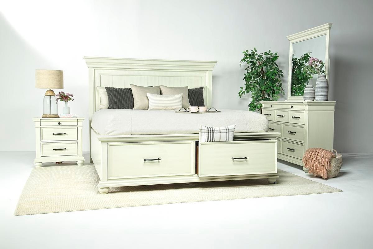 Slater Panel Bed w/ Storage, Dresser, Mirror & Nightstand in White, Eastern King