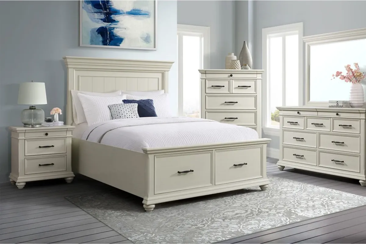 Slater Panel Bed w/ Storage in White, Queen