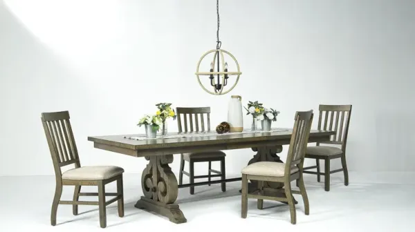 Stone Extendable Dining Table & 4 Chairs in Light Gray, Slat