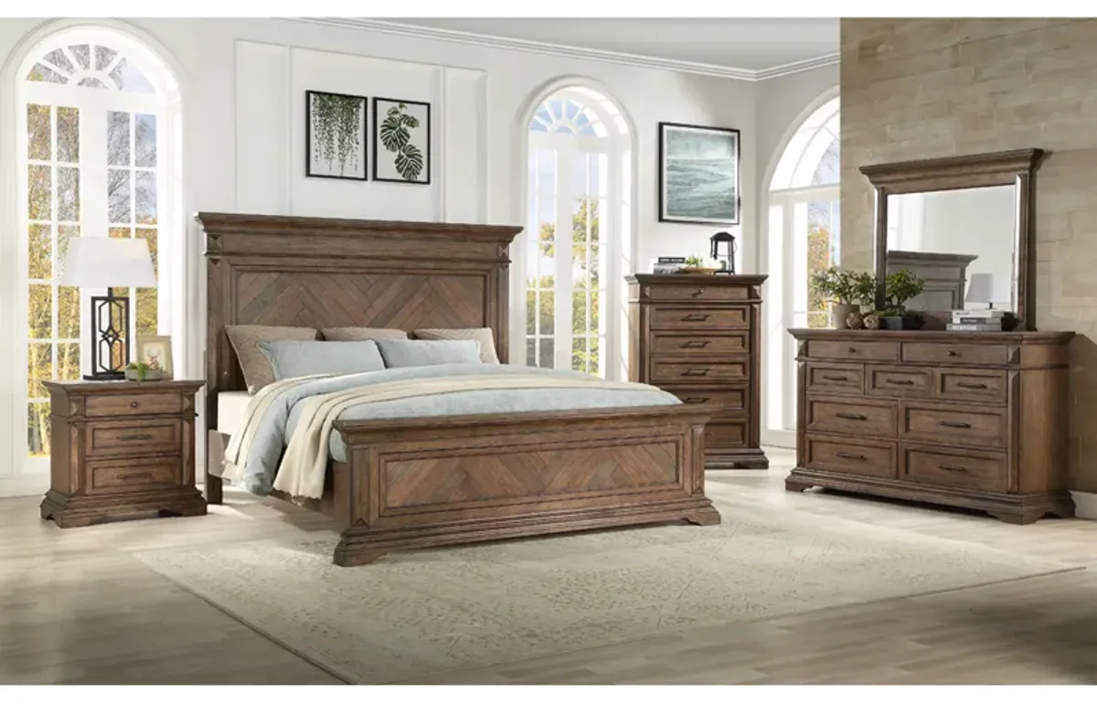 Jolie Vue Panel Bed, Dresser & Mirror in Brushed Walnut, CA King