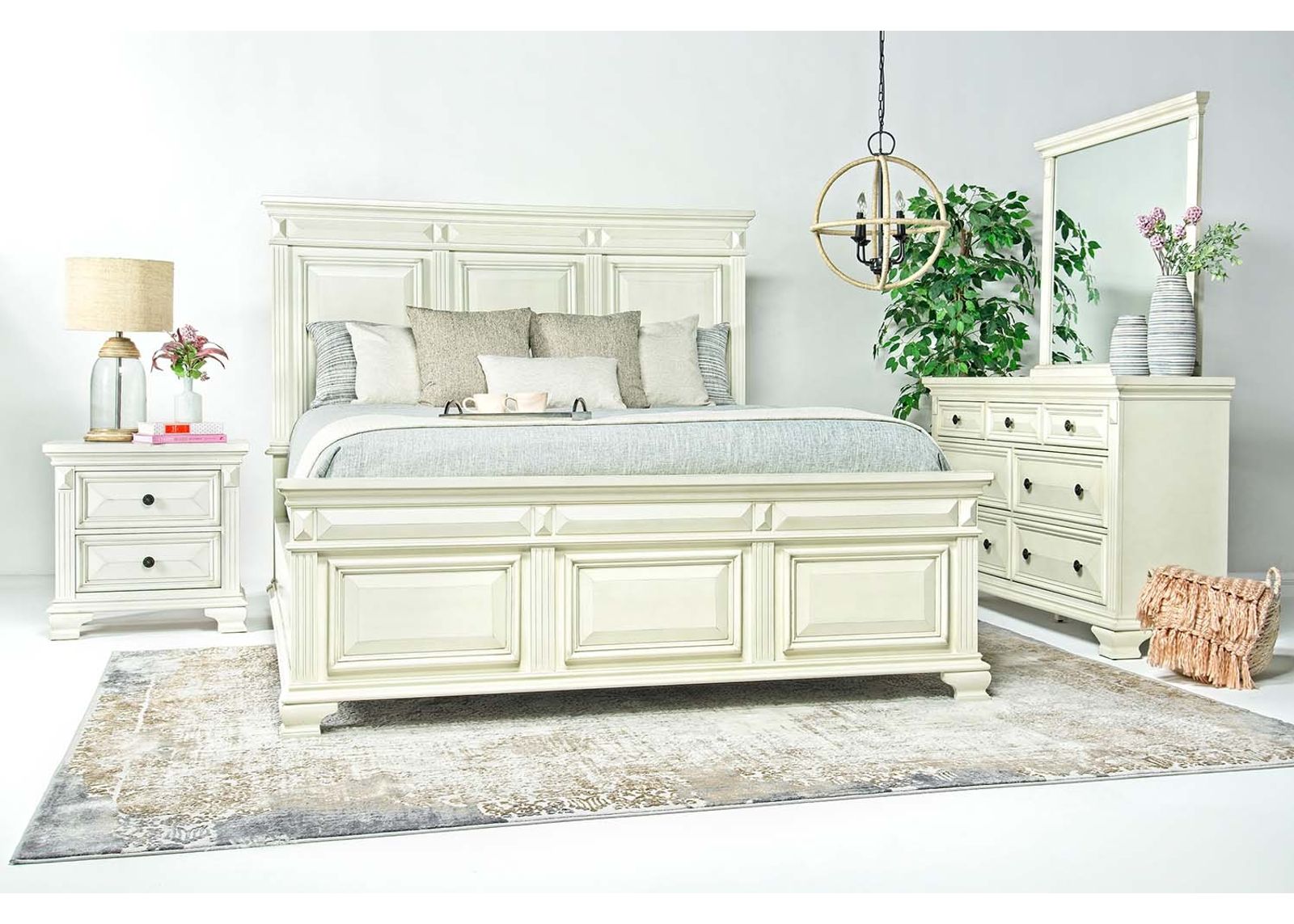 Calloway Panel Bed, Dresser, Mirror & Nightstand in White, Eastern King