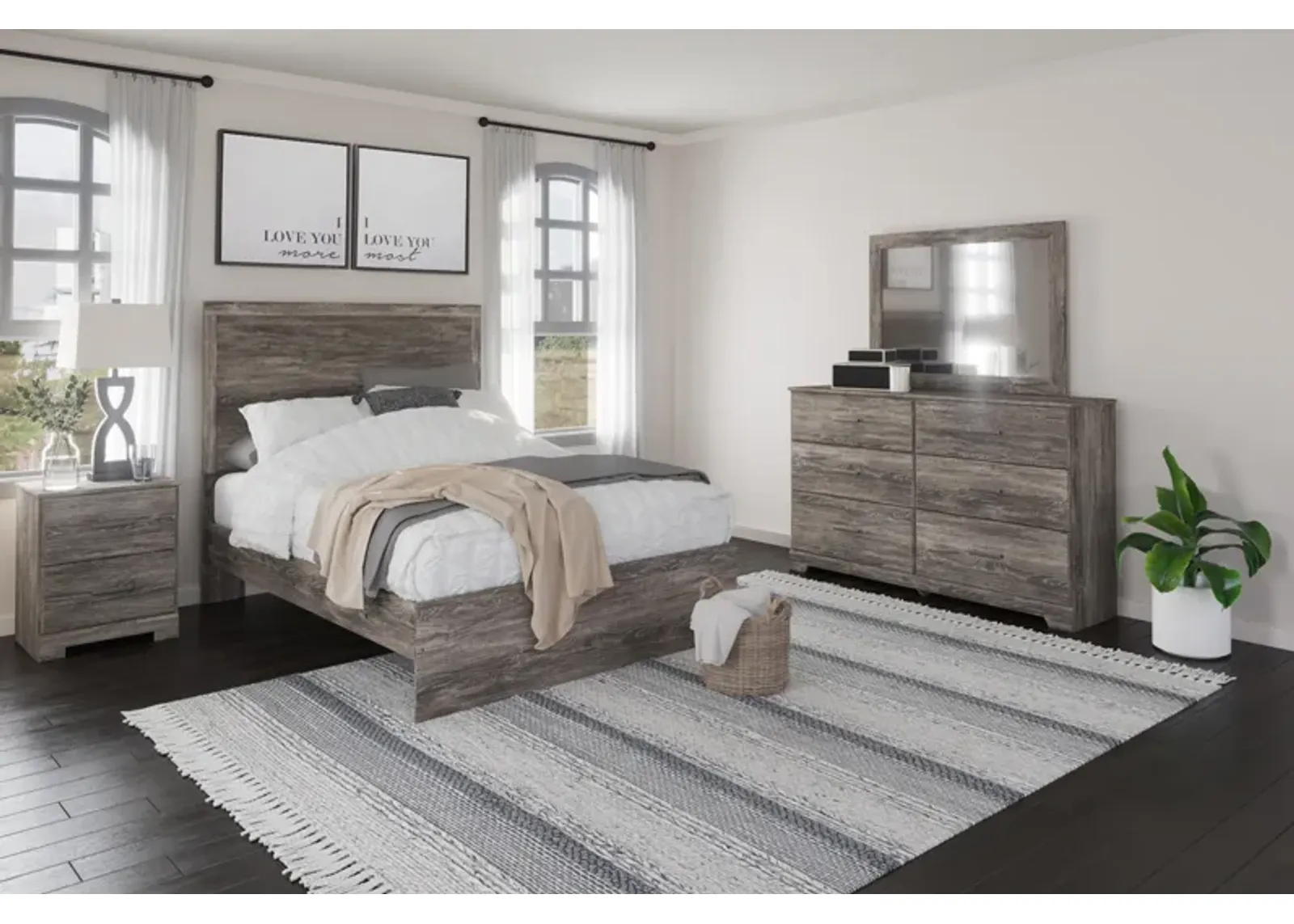 Stelsie Panel Bed, Dresser, Mirror & Nightstand in Gray, Full