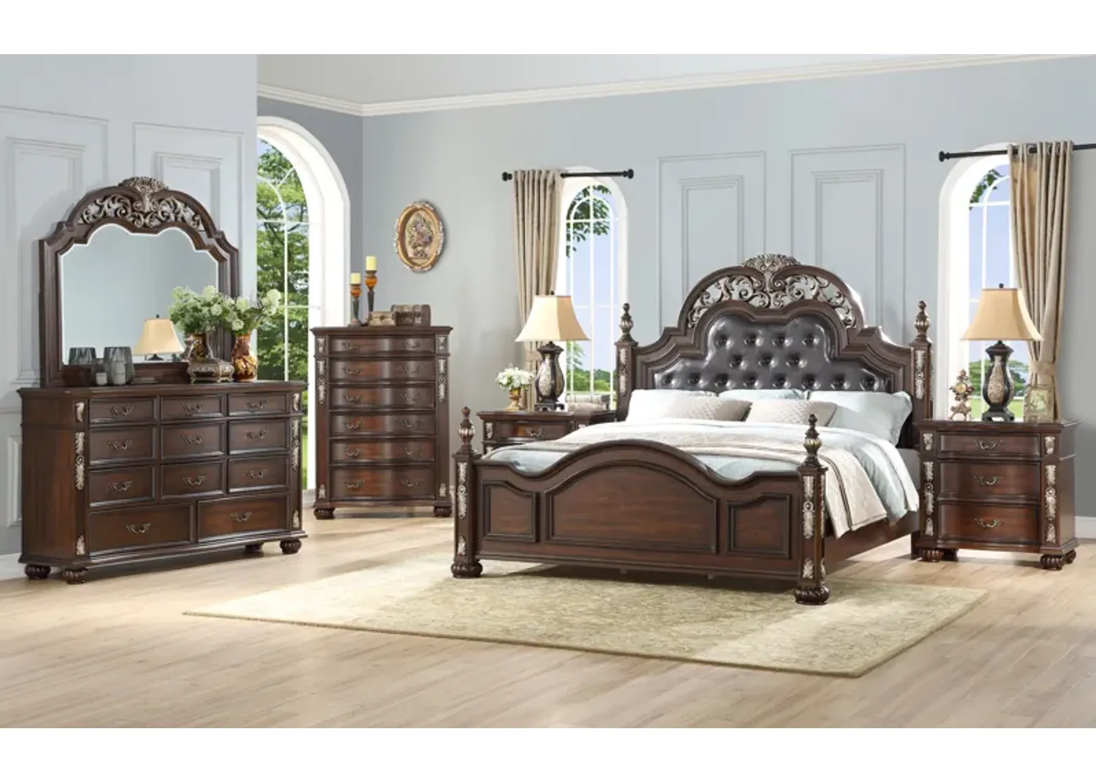 Maximus Upholstered Panel Bed, Dresser & Mirror in Madeira, Queen