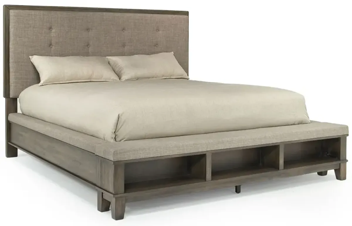 Cagney Upholstered Panel Bed w/ Storage, Dresser & Mirror in Gray, CA King