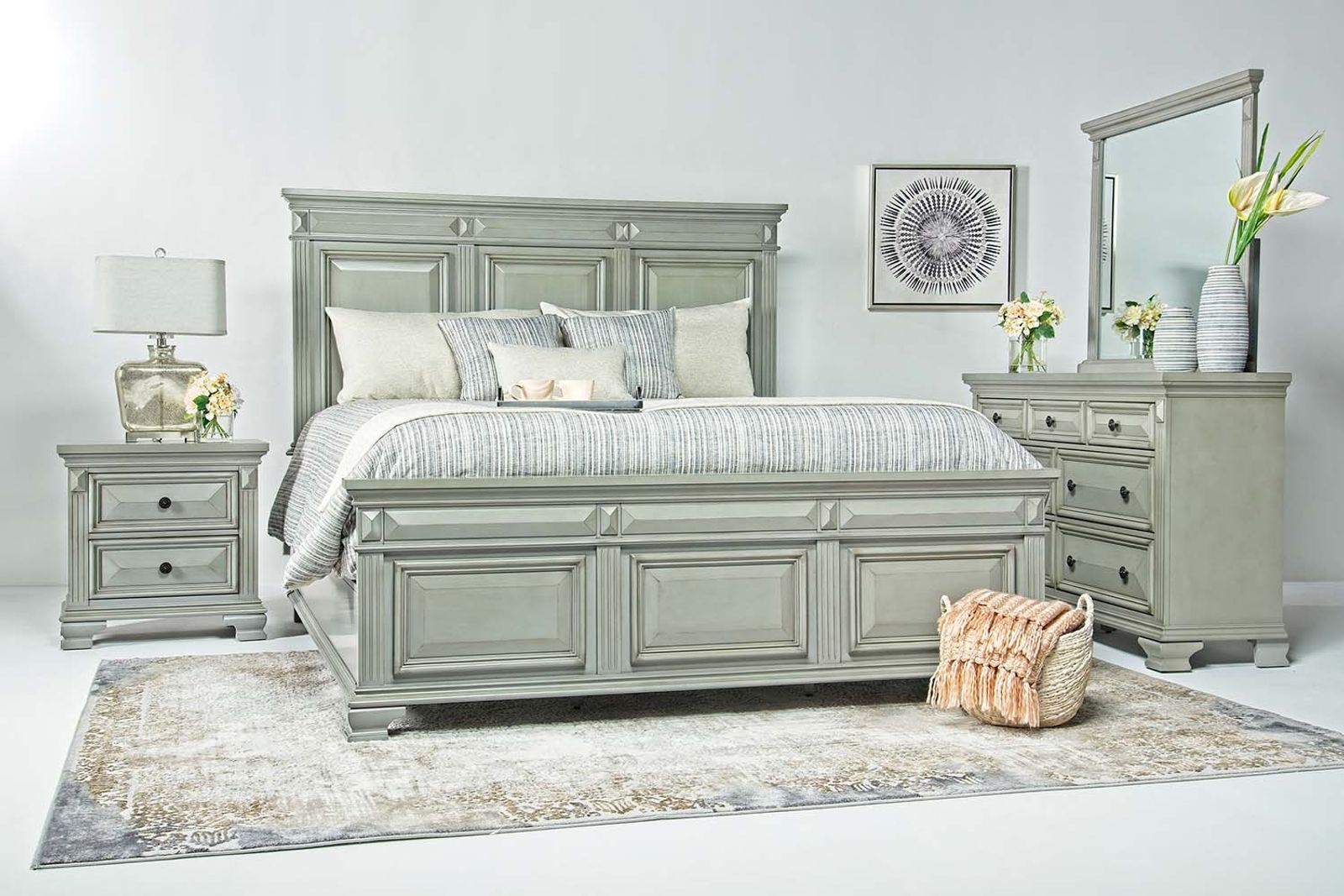 Calloway Panel Bed, Dresser, Mirror & Nightstand in Gray, Queen