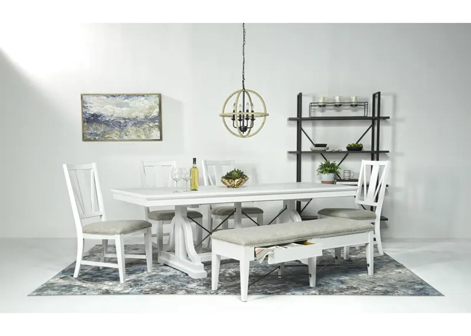 Bay Creek Extendable Dining Table, 4 V-Back Chairs & Bench in Chalk White