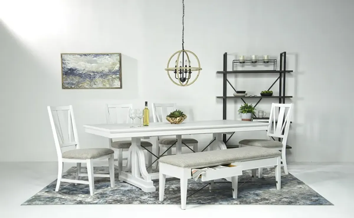 Bay Creek Extendable Dining Table, 4 V-Back Chairs & Bench in Chalk White