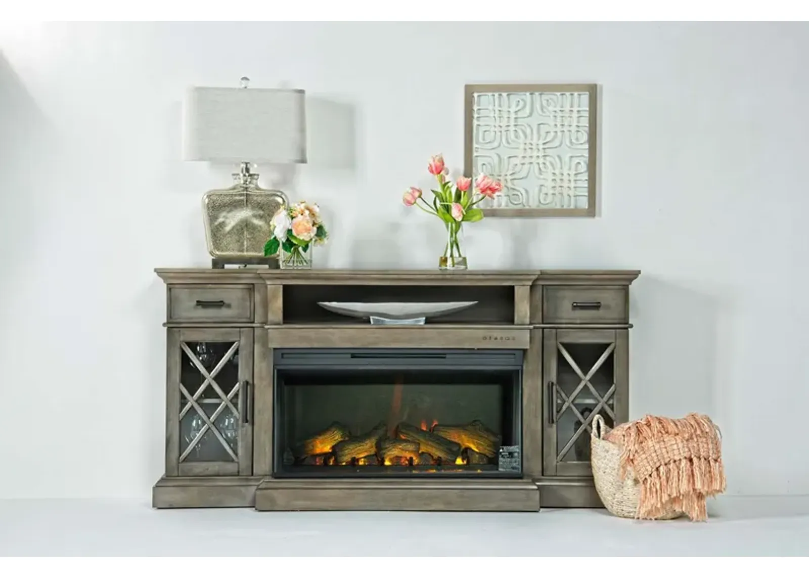 Harbor Console w/ Fireplace Insert in Gray, 70 Inch