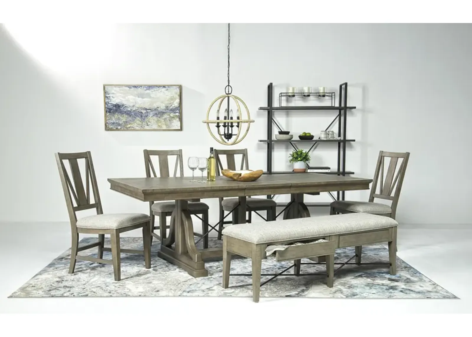 Bay Creek Extendable Dining Table, 4 V-Back Chairs & Bench in Light Gray