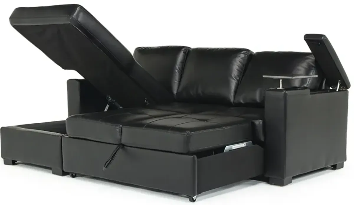 Luigi Full Pullout Sofa Chaise in Black, Left Facing