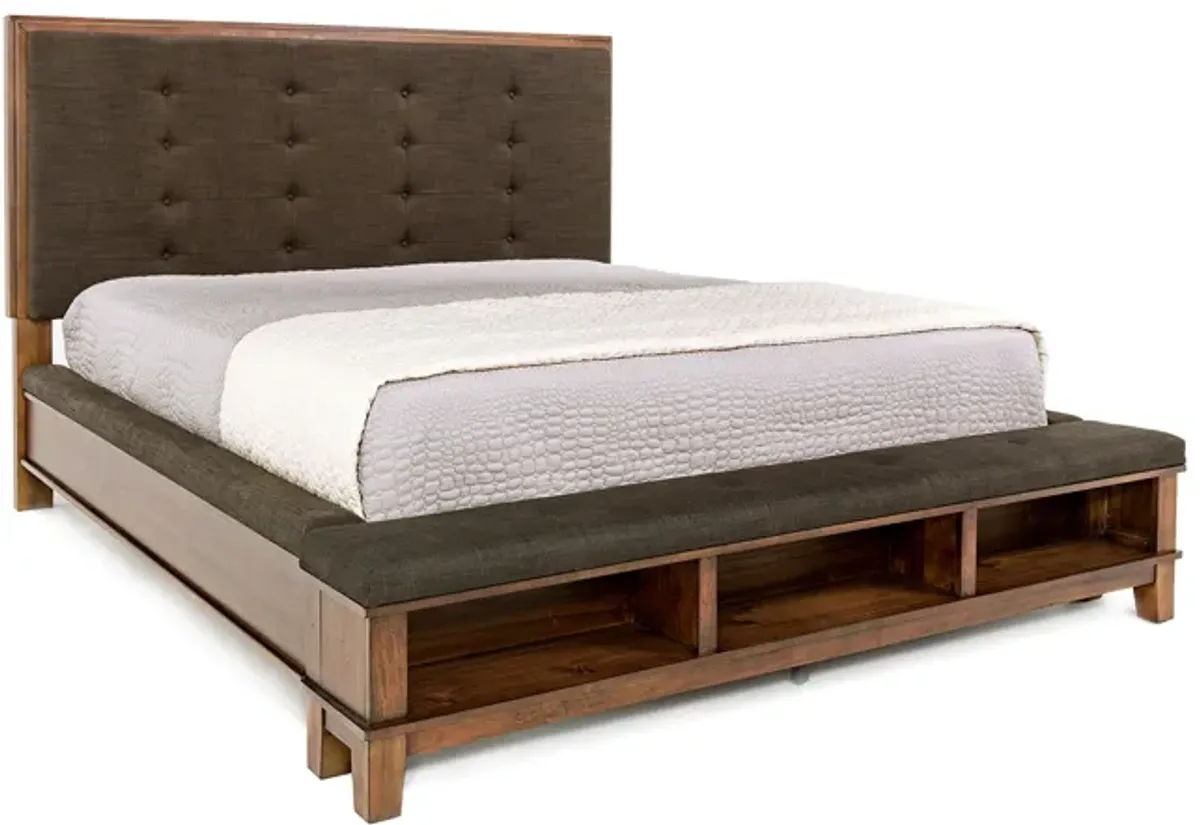 Cagney Upholstered Panel Bed w/ Storage in Brown, Queen