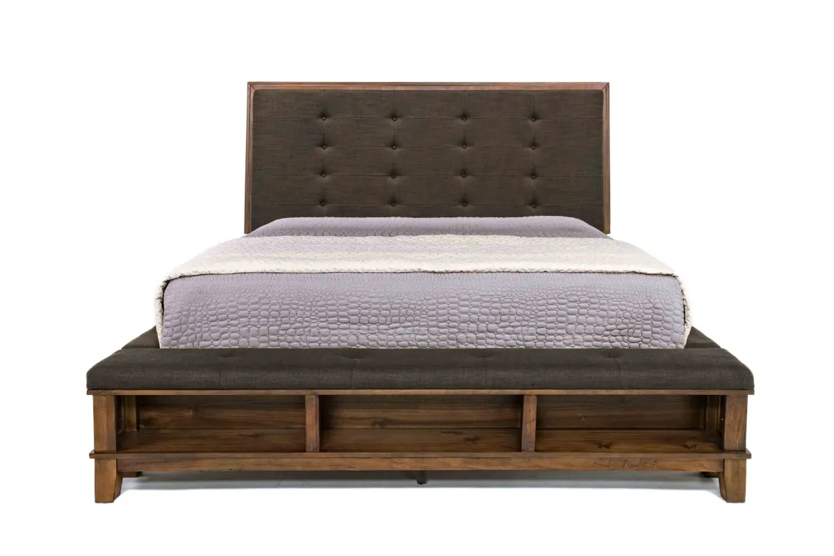 Cagney Upholstered Panel Bed w/ Storage in Brown, Queen