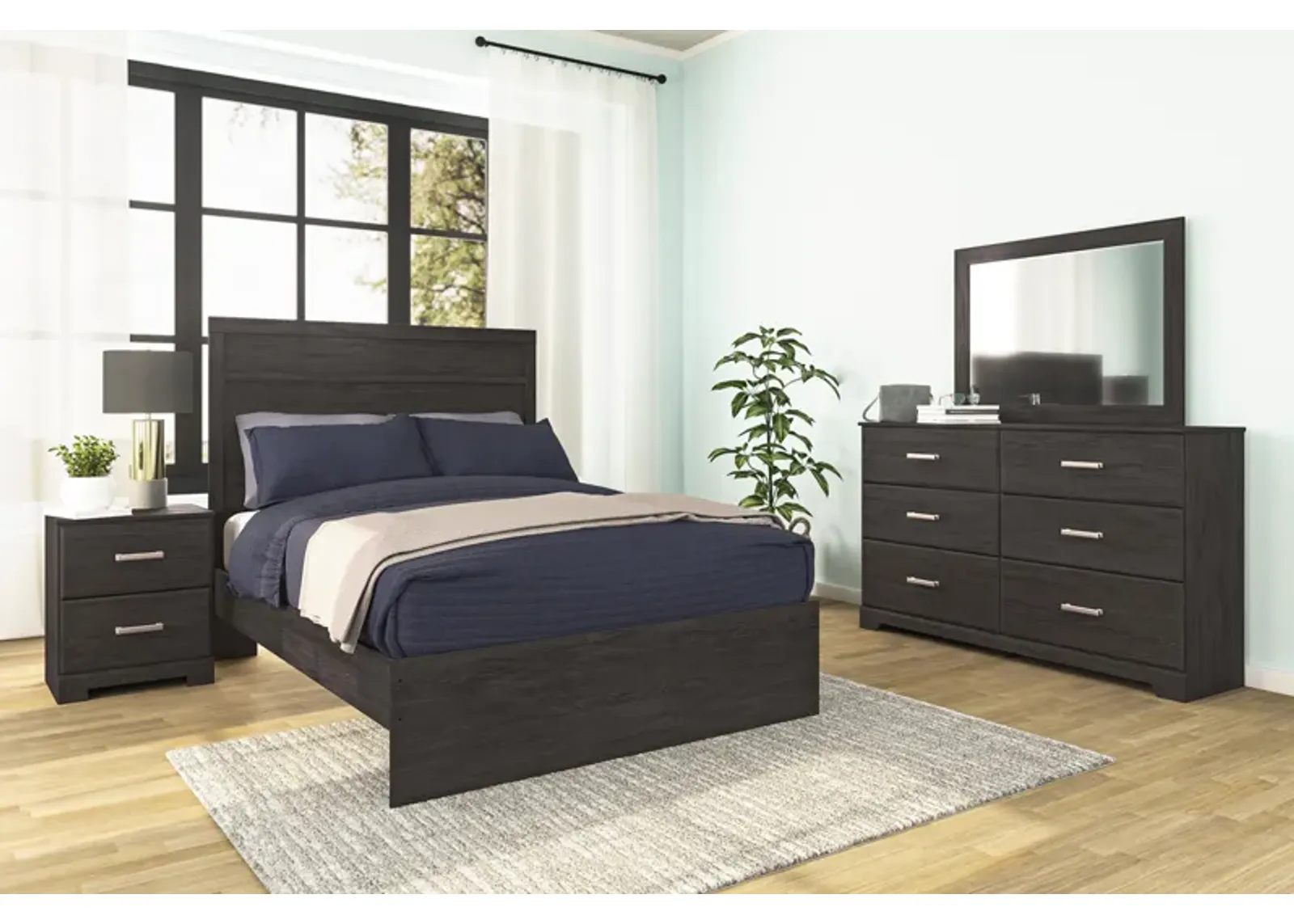 Stelsie Panel Bed, Dresser, Mirror & Nightstand in Charcoal, Full