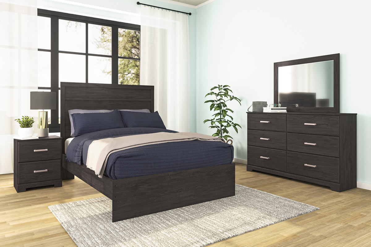 Stelsie Panel Bed, Dresser, Mirror & Nightstand in Charcoal, Full