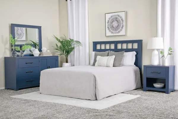 St Regis Panel Headboard, Dresser, Mirror & Nightstand in Blue, Queen