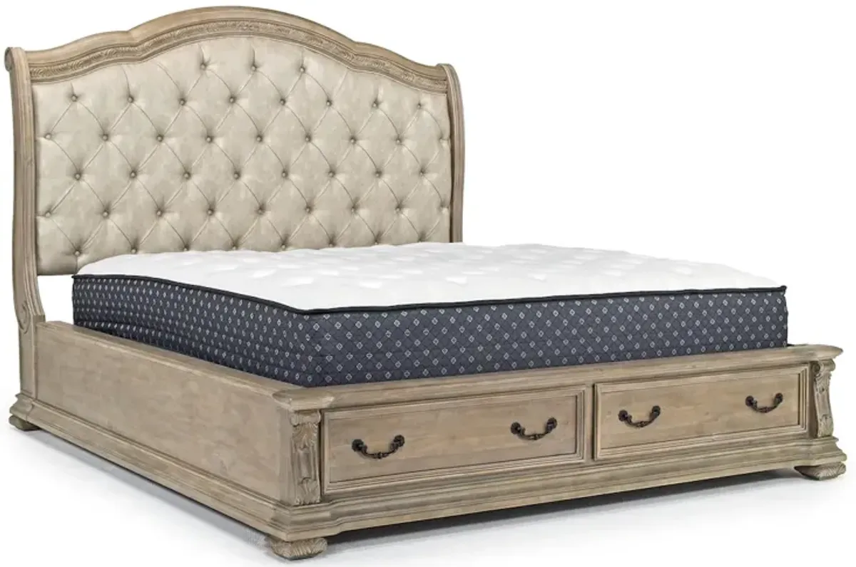 Durango Upholstered Sleigh Bed w/ Storage, Dresser & Mirror in Fawn, CA King