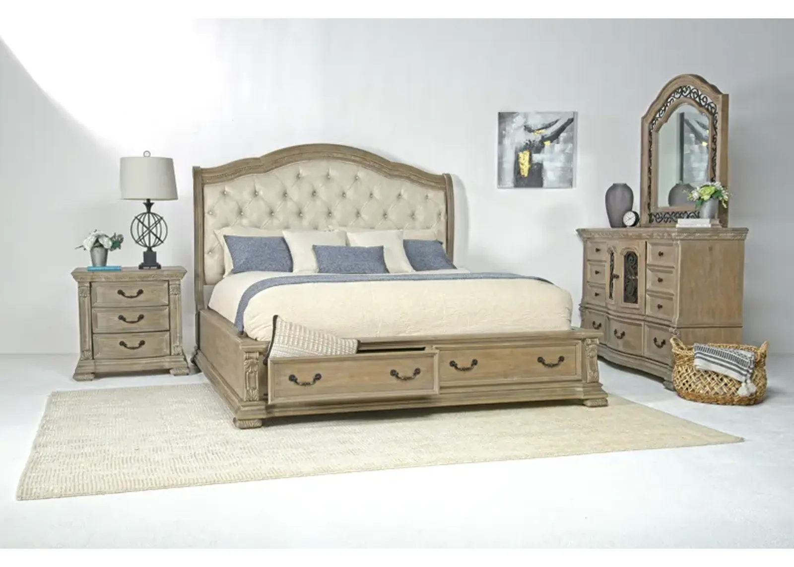 Durango Upholstered Sleigh Bed w/ Storage, Dresser & Mirror in Fawn, CA King