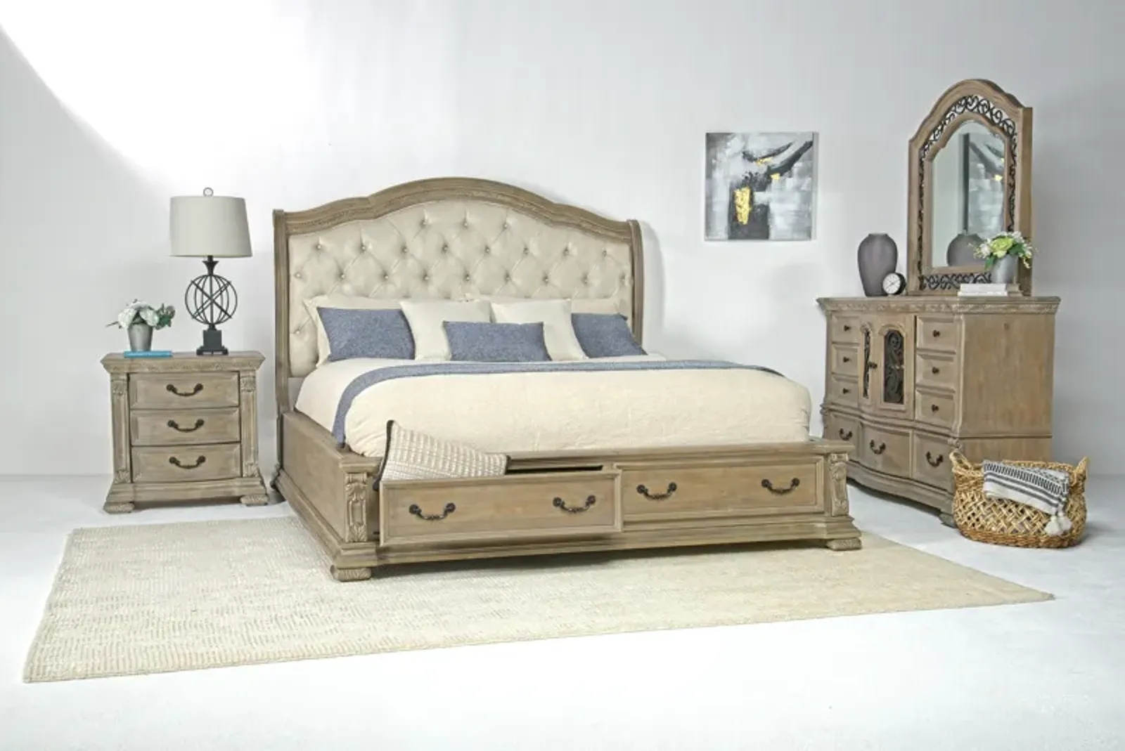 Durango Upholstered Sleigh Bed w/ Storage, Dresser & Mirror in Fawn, CA King