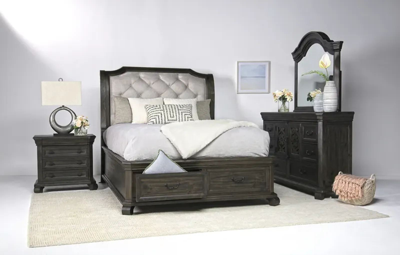 Bellamy Sleigh Bed w/ Storage, Dresser & Mirror in Charcoal, CA King