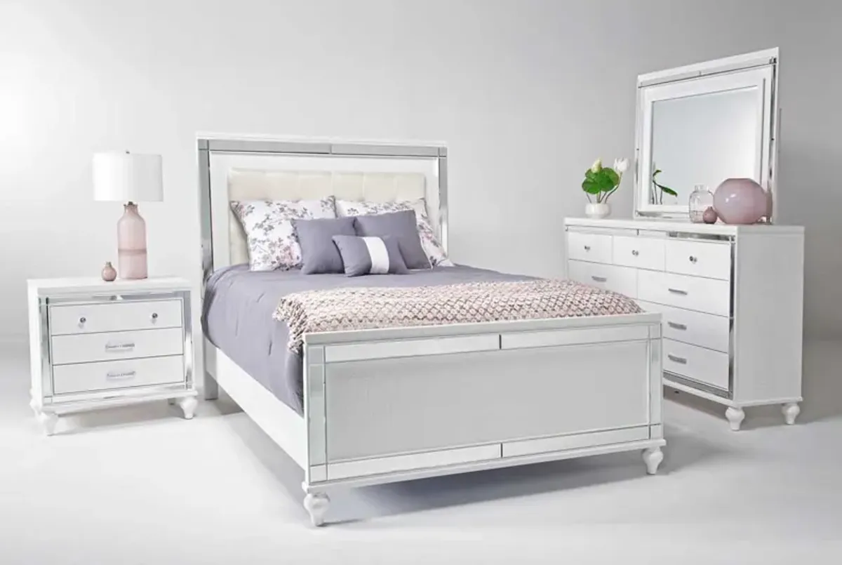 Valentino Panel Bed, Dresser, Mirror & Nightstand in White, CA King