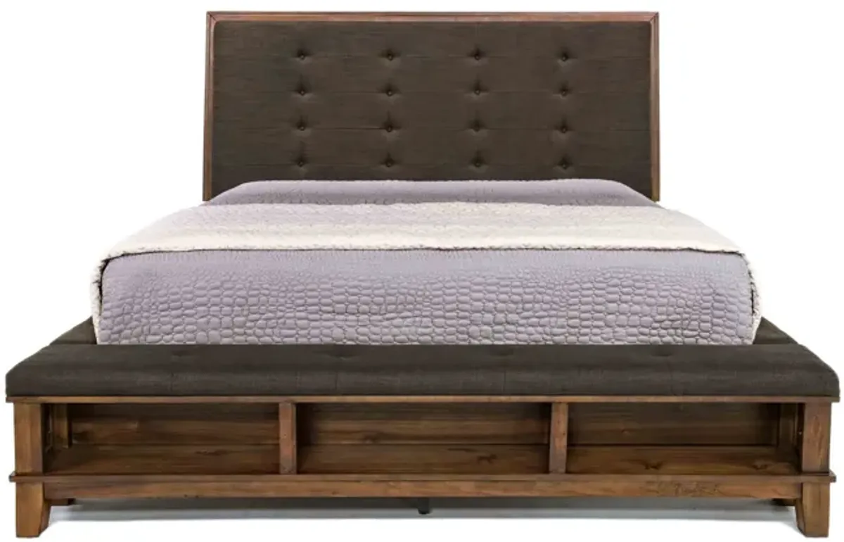 Cagney Upholstered Panel Bed w/ Storage, Dresser & Mirror in Brown, CA King