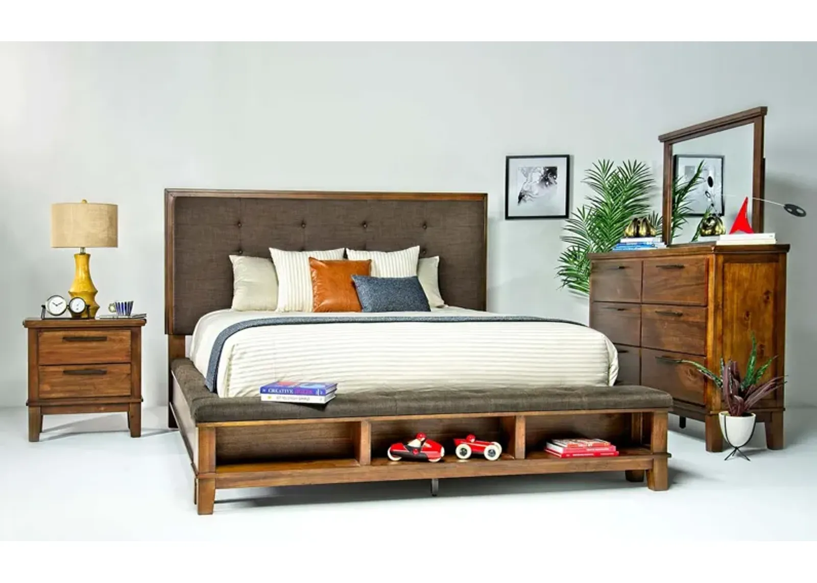 Cagney Upholstered Panel Bed w/ Storage, Dresser & Mirror in Brown, CA King