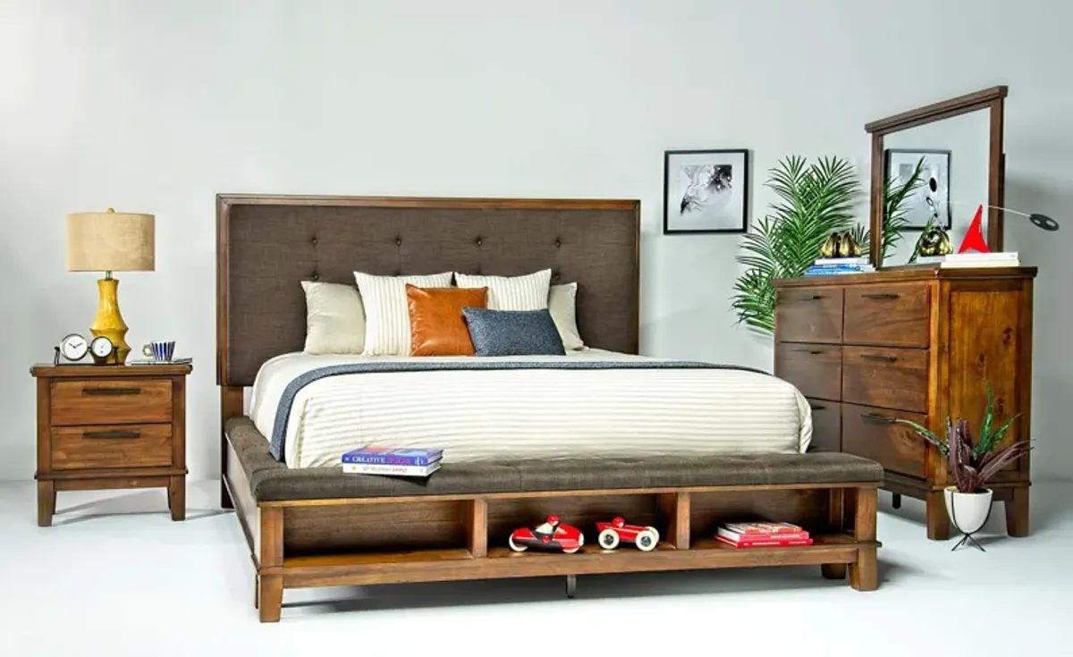 Cagney Upholstered Panel Bed w/ Storage, Dresser & Mirror in Brown, CA King