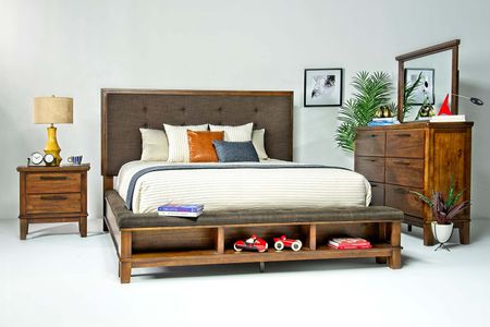 Cagney Upholstered Panel Bed w/ Storage, Dresser & Mirror in Brown, CA King
