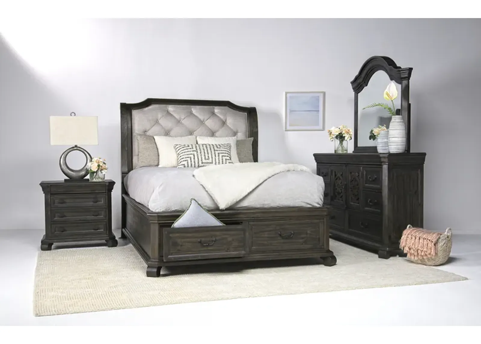 Bellamy Sleigh Bed w/ Storage, Dresser & Mirror in Charcoal, Eastern King