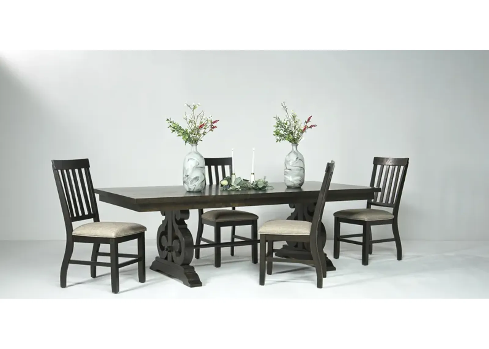 Stone Extendable Dining Table & 4 Chairs in Charcoal, Upholstered Slat