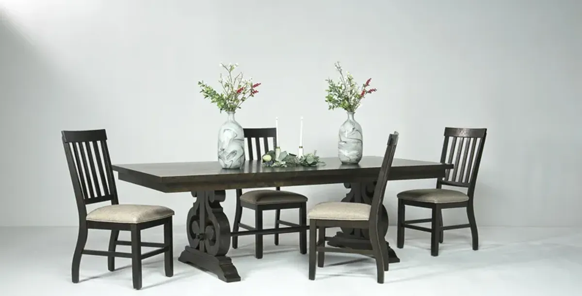 Stone Extendable Dining Table & 4 Chairs in Charcoal, Upholstered Slat