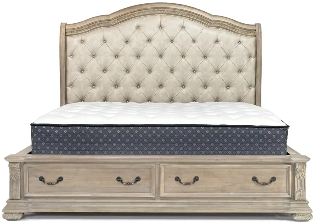 Durango Upholstered Sleigh Bed w/ Storage, Dresser & Mirror in Fawn, Eastern King