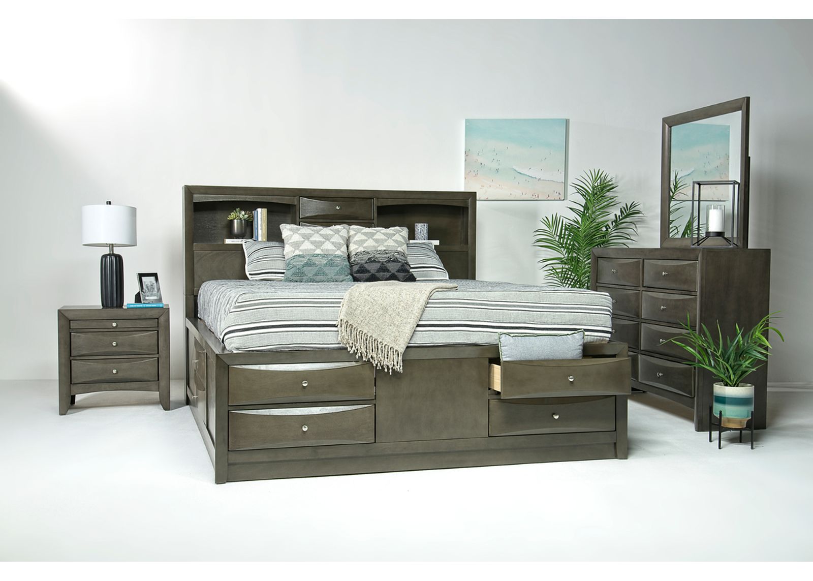 Remi Bookcase Bed w/ Storage, Dresser & Mirror in Gray, Eastern King