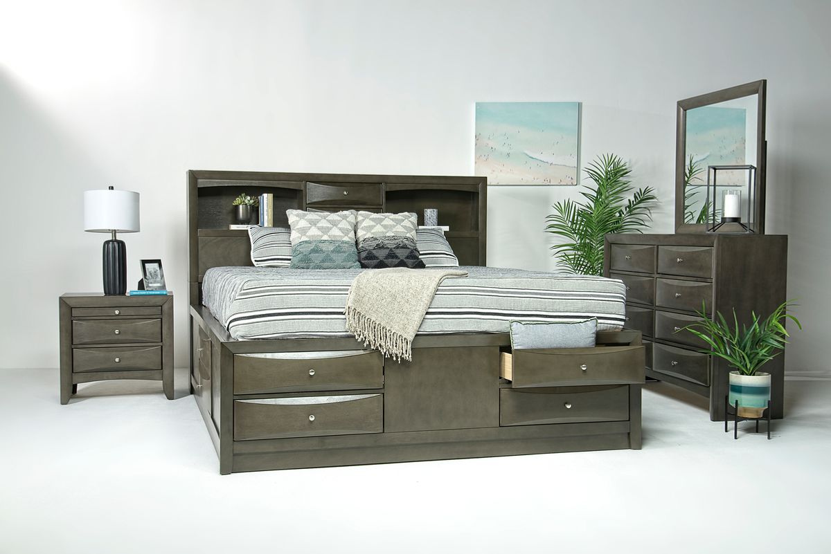 Remi Bookcase Bed w/ Storage, Dresser & Mirror in Gray, Eastern King