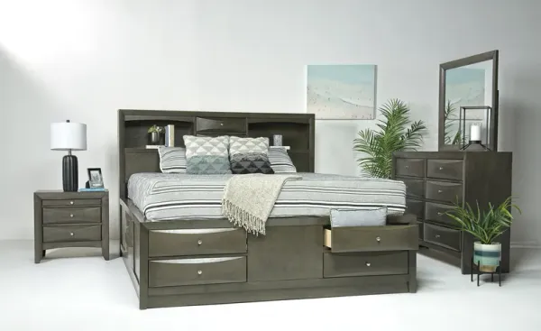 Remi Bookcase Bed w/ Storage, Dresser & Mirror in Gray, Eastern King