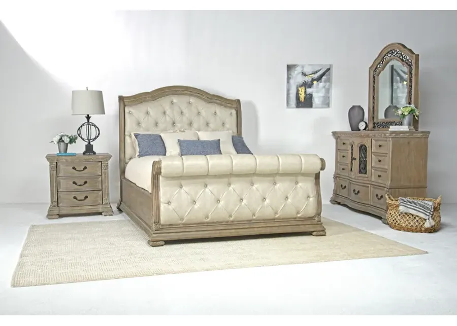 Durango Upholstered Sleigh Bed, Dresser & Mirror in Fawn, Queen