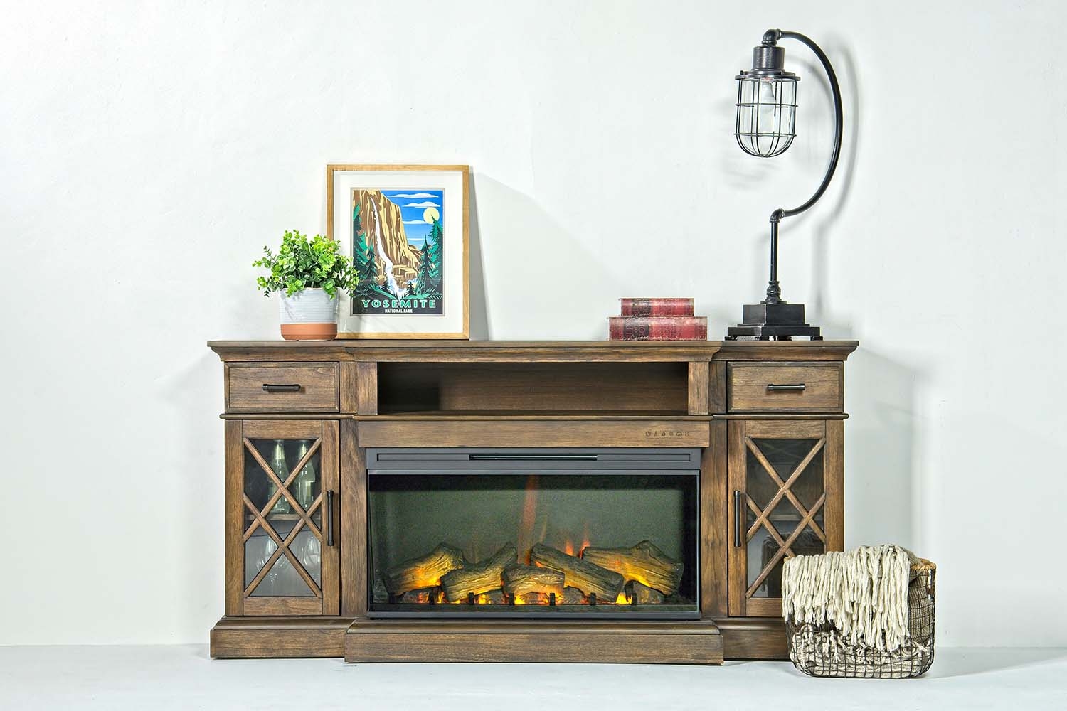 Harbor Console w/ Fireplace Insert in Brown, 70 Inch